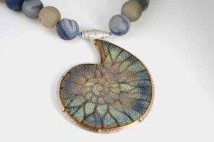 Blue Ammonite Fossil Necklace with Agate Beads