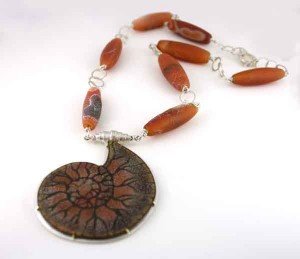 Orange Ammonite Fossil Necklace with Dragon Skin Beads