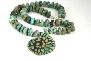 Turquoise Enamel Ammonite Fossil with Turquoise Beads