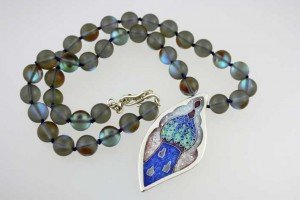 Silver and Cloisonne Enamel Pendant with glass beads on hand knotted silk