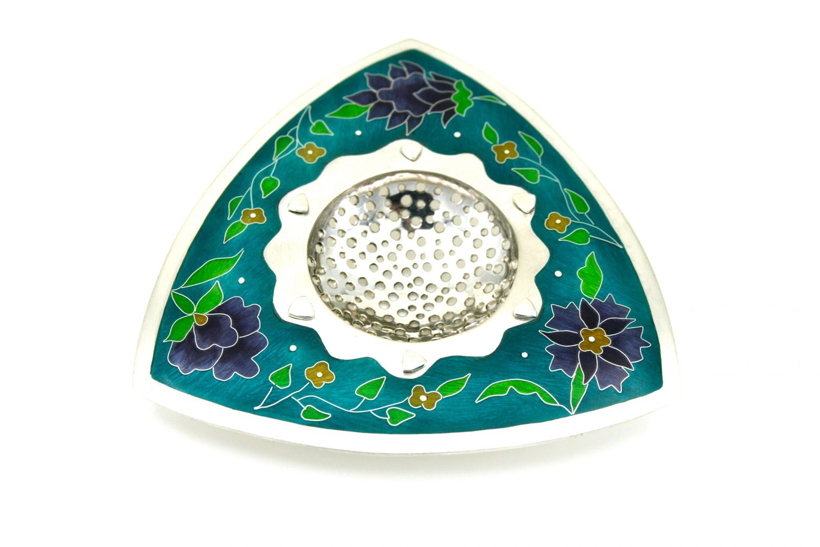 Silver and Enamel Tea strainer inspired by Damascene Tiles at Leighton House, London