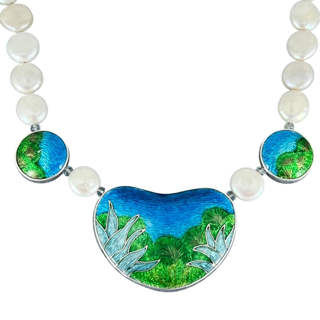 Cloisonné and engraved silver enamel necklace inspired by City of Dubrovnik